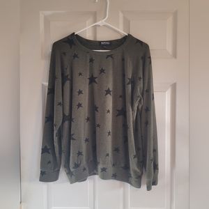 Buffalo David Britton Army Green Black Star Pattern Crewneck Top